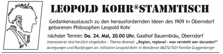 Leopold Kohr, Stammtisch, Oberndorf, Bauernbräu, Gedankenaustausch, Regionen, regional