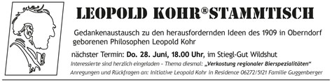 Stammtisch, Leopold Kohr, Gedankenaustausch, Oberndorf, Philosoph, Leopold Kohr Akademie, Salzburg, regionale Bierspezialitäten